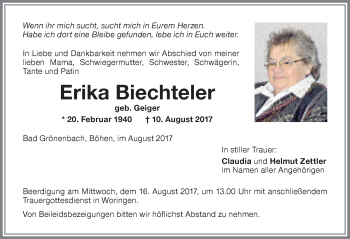 Traueranzeige von Erika Biechteler von Memminger Zeitung
