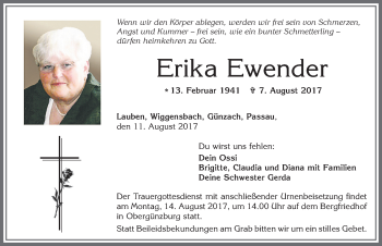 Traueranzeige von Erika Ewender von Allgäuer Zeitung,Kempten