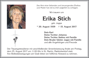Traueranzeige von Erika Stich von Allgäuer Zeitung, Marktoberdorf