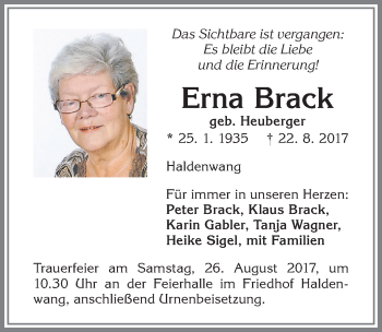 Traueranzeige von Erna Brack von Allgäuer Zeitung,Kempten