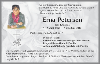 Traueranzeige von Erna Petersen von Allgäuer Zeitung, Marktoberdorf