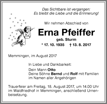 Traueranzeige von Erna Pfeiffer von Memminger Zeitung