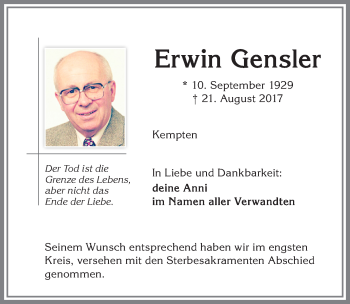 Traueranzeige von Erwin Gensler von Allgäuer Zeitung,Kempten