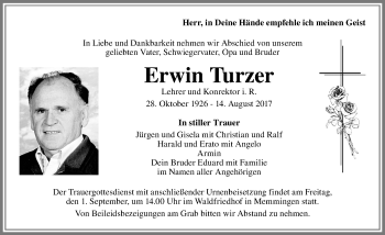 Traueranzeige von Erwin Turzer von Memminger Zeitung