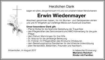 Traueranzeige von Erwin Wiedenmayer von Memminger Zeitung