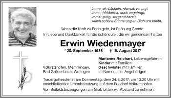Traueranzeige von Erwin Wiedenmayer von Memminger Zeitung