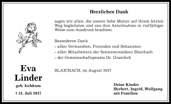 Traueranzeige von Eva Linder von Allgäuer Anzeigeblatt