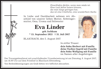 Traueranzeige von Eva Linder von Allgäuer Anzeigeblatt