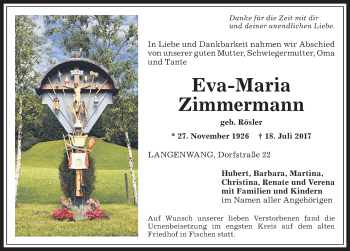 Traueranzeige von Eva-Maria Zimmermann von Allgäuer Anzeigeblatt