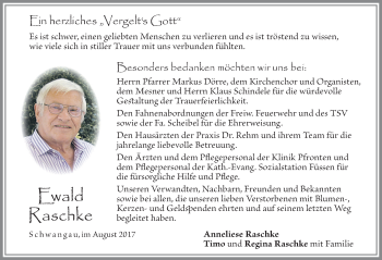 Traueranzeige von Ewald Raschke von Allgäuer Zeitung, Füssen