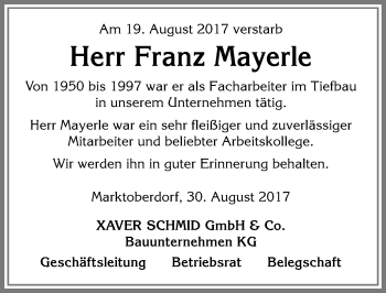 Traueranzeige von Franz Mayerle von Allgäuer Zeitung, Marktoberdorf