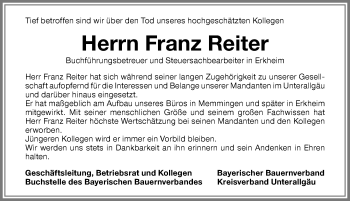 Traueranzeige von Franz Reiter von Allgäuer Zeitung
