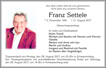 Traueranzeige von Franz Settele von Allgäuer Zeitung,Kempten