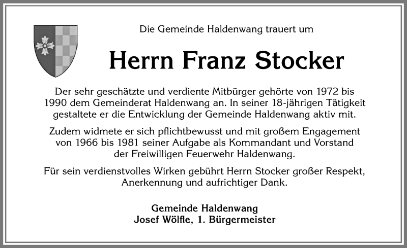  Traueranzeige für Franz Stocker vom 24.08.2017 aus Allgäuer Zeitung,Kempten