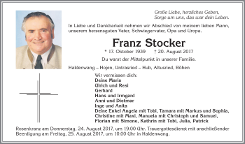 Traueranzeige von Franz Stocker von Allgäuer Zeitung,Kempten