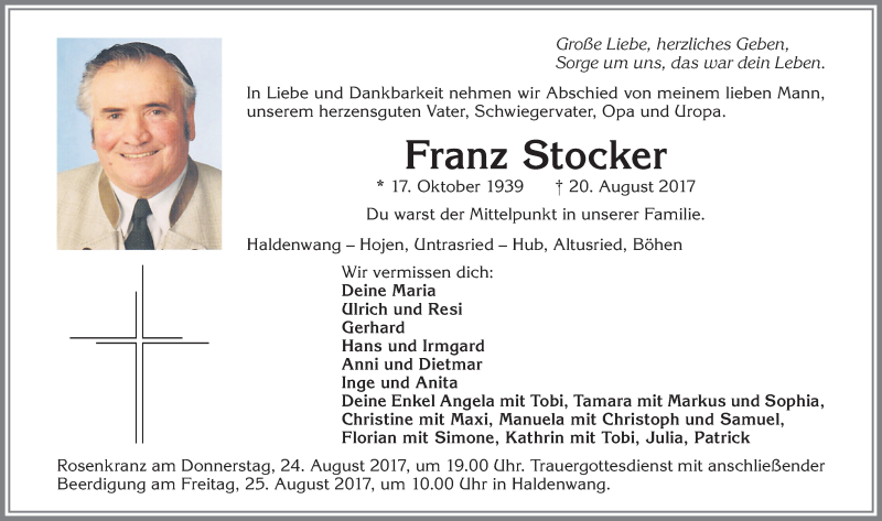  Traueranzeige für Franz Stocker vom 23.08.2017 aus Allgäuer Zeitung,Kempten