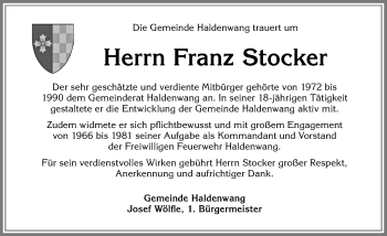 Traueranzeige von Franz Stocker von Allgäuer Zeitung,Kempten