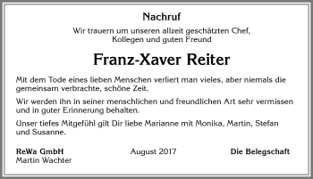 Traueranzeige von Franz-Xaver Reiter von Allgäuer Zeitung, Marktoberdorf