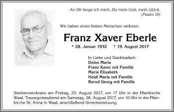 Traueranzeige von Franz Xaver Eberle von Allgäuer Zeitung, Kaufbeuren/Buchloe
