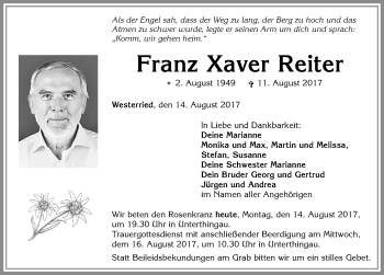 Traueranzeige von Franz Xaver Reiter von Allgäuer Zeitung, Marktoberdorf