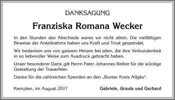 Traueranzeige von Franziska Romana Wecker von Allgäuer Zeitung,Kempten