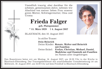 Traueranzeige von Frieda Falger von Allgäuer Anzeigeblatt