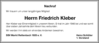 Traueranzeige von Friedrich Kleber von Memminger Zeitung