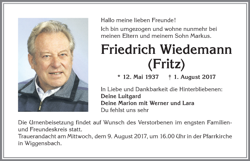  Traueranzeige für Friedrich Wiedemann vom 07.08.2017 aus Allgäuer Zeitung,Kempten
