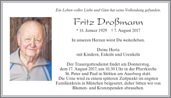 Traueranzeige von Fritz Droßmann von Allgäuer Zeitung, Marktoberdorf