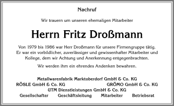 Traueranzeige von Fritz Droßmann von Allgäuer Zeitung, Marktoberdorf