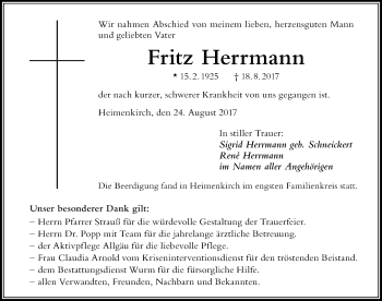 Traueranzeige von Fritz Herrmann von Der Westallgäuer