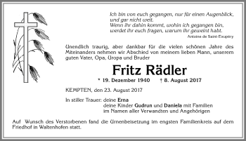 Traueranzeige von Fritz Rädler von Allgäuer Zeitung,Kempten