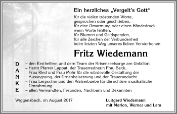 Traueranzeige von Fritz Wiedemann von Allgäuer Zeitung,Kempten