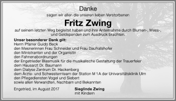 Traueranzeige von Fritz Zwing von Memminger Zeitung