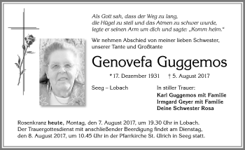 Traueranzeige von Genovefa Guggemos von Allgäuer Zeitung, Füssen