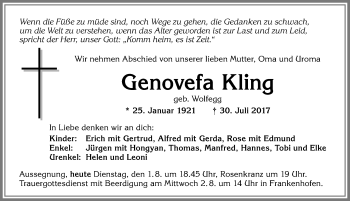 Traueranzeige von Genovefa Kling von Allgäuer Zeitung, Kaufbeuren/Buchloe
