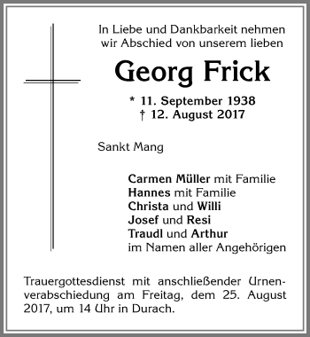Traueranzeige von Georg Frick von Allgäuer Zeitung,Kempten