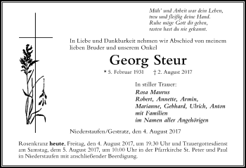 Traueranzeige von Georg Steur von Der Westallgäuer