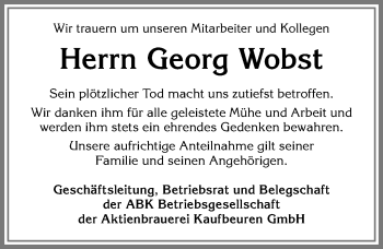 Traueranzeige von Georg Wobst von Allgäuer Zeitung, Kaufbeuren/Buchloe