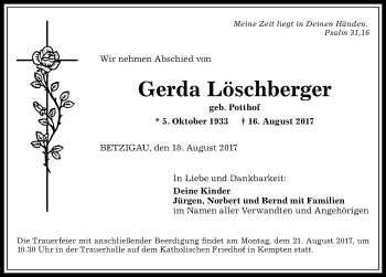 Traueranzeige von Gerda Löschberger von Allgäuer Zeitung