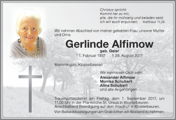 Traueranzeige von Gerlinde Alfimow von Allgäuer Zeitung