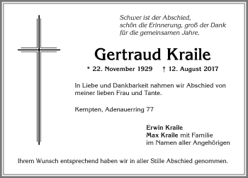 Traueranzeige von Gertraud Kraile von Allgäuer Zeitung,Kempten