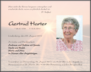 Traueranzeige von Gertrud Harter von Der Westallgäuer