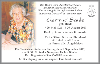 Traueranzeige von Gertrud Saule von Allgäuer Zeitung, Füssen