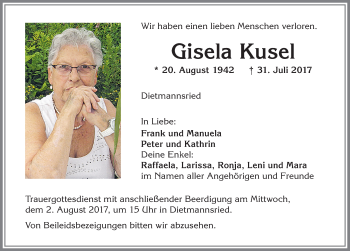 Traueranzeige von Gisela Kusel von Allgäuer Zeitung,Kempten