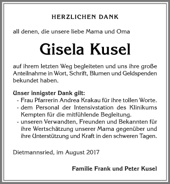 Traueranzeige von Gisela Kusel von Allgäuer Zeitung,Kempten