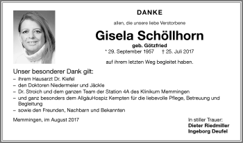 Traueranzeige von Gisela Schöllhorn von Memminger Zeitung