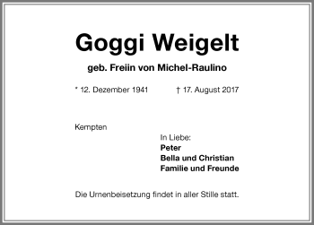Traueranzeige von Goggi Weigelt von Allgäuer Zeitung,Kempten