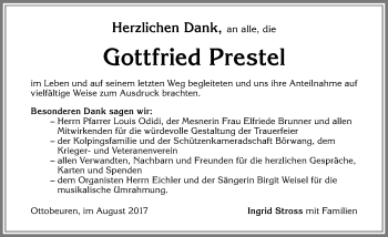 Traueranzeige von Gottfried Prestel von Allgäuer Zeitung,Kempten