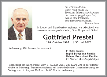 Traueranzeige von Gottfried Prestel von Allgäuer Zeitung,Kempten